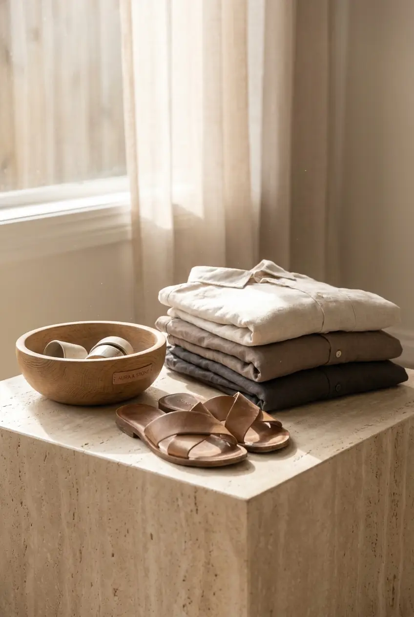 A wooden bowl, folded linens and sandals on a travertine plinth