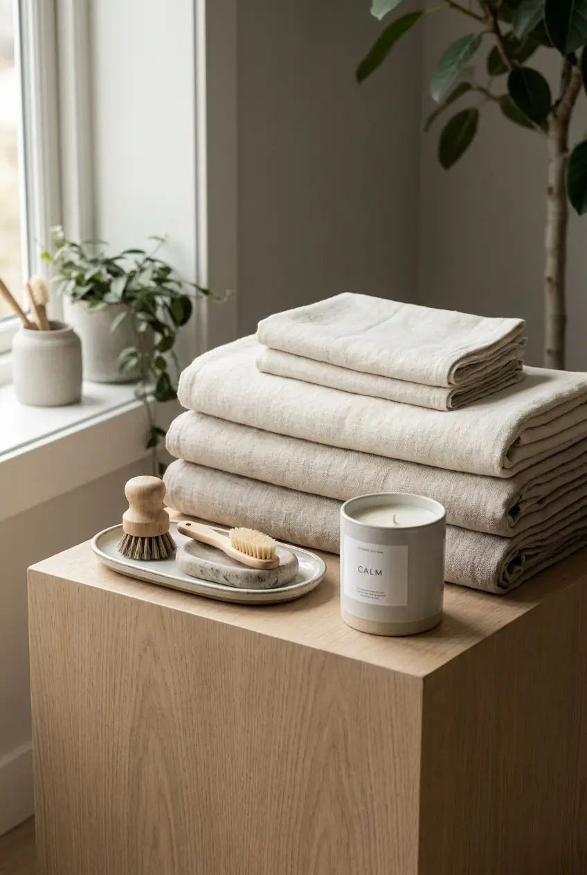 Folded linen towels and a candle on an oak plinth