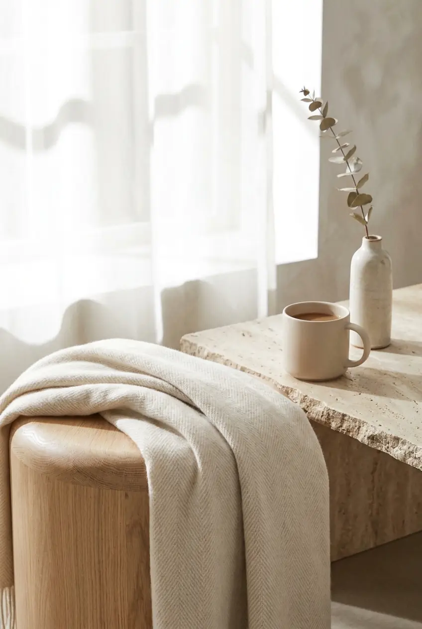 A cashmere throw over an oak stool beside a ceramic mug and dried eucalyptus